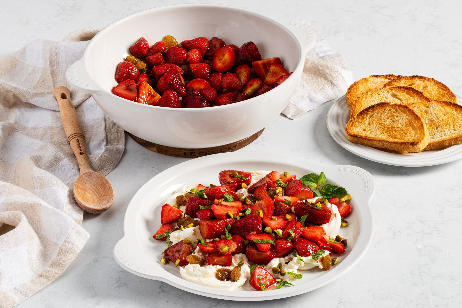 Roasted Balsamic Strawberries with Burrata, Golden Raisins, and Pistachios